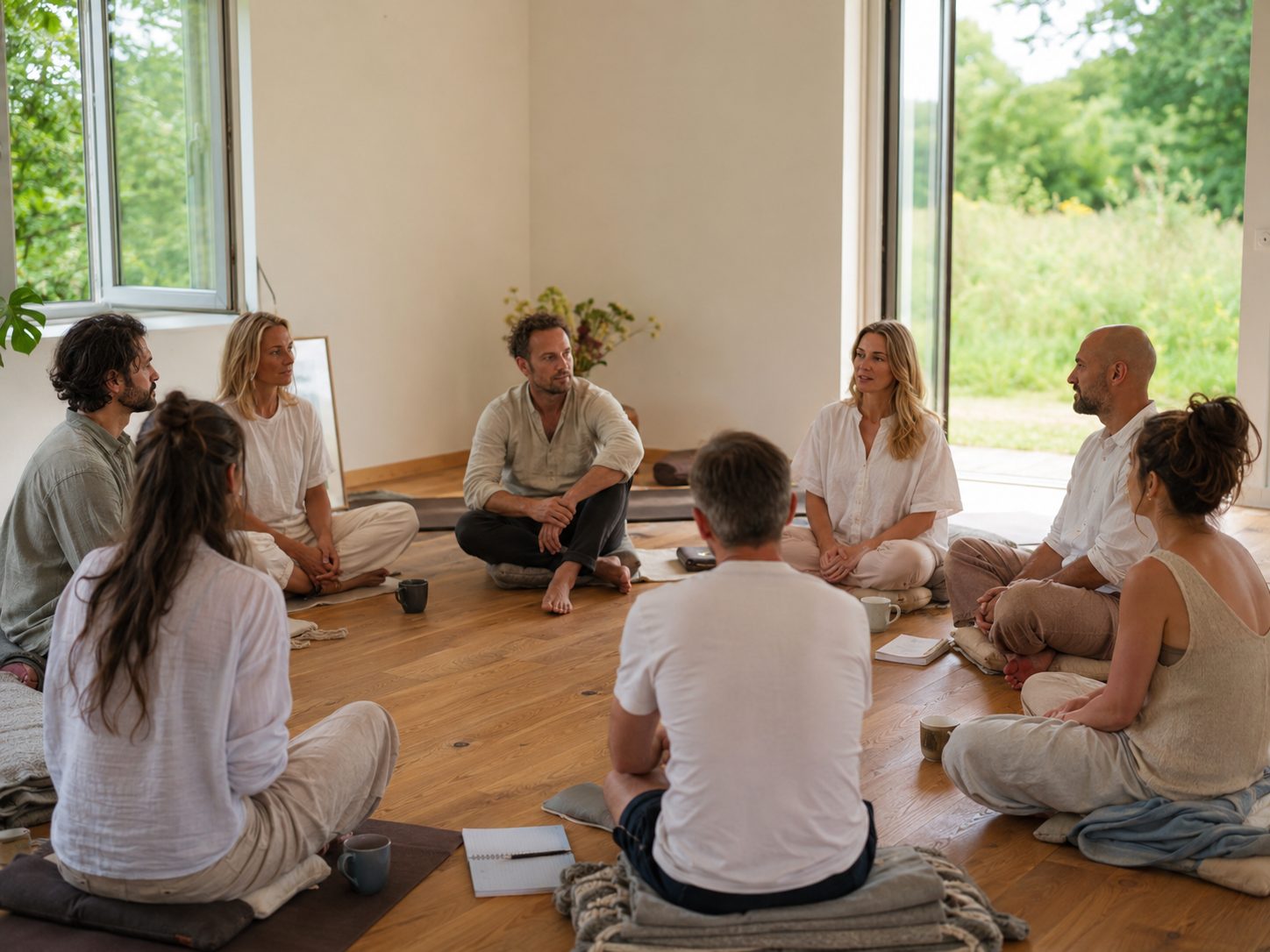 Heller Indoor-Kreis mit Facilitator während eines Practitioners Retreats